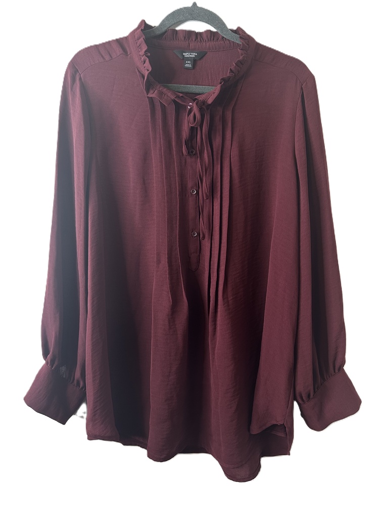 NWT Simply Vera VeraWang Blouse Women Sz XXL Malbec Ruffled Tie Neck Long Sleeve